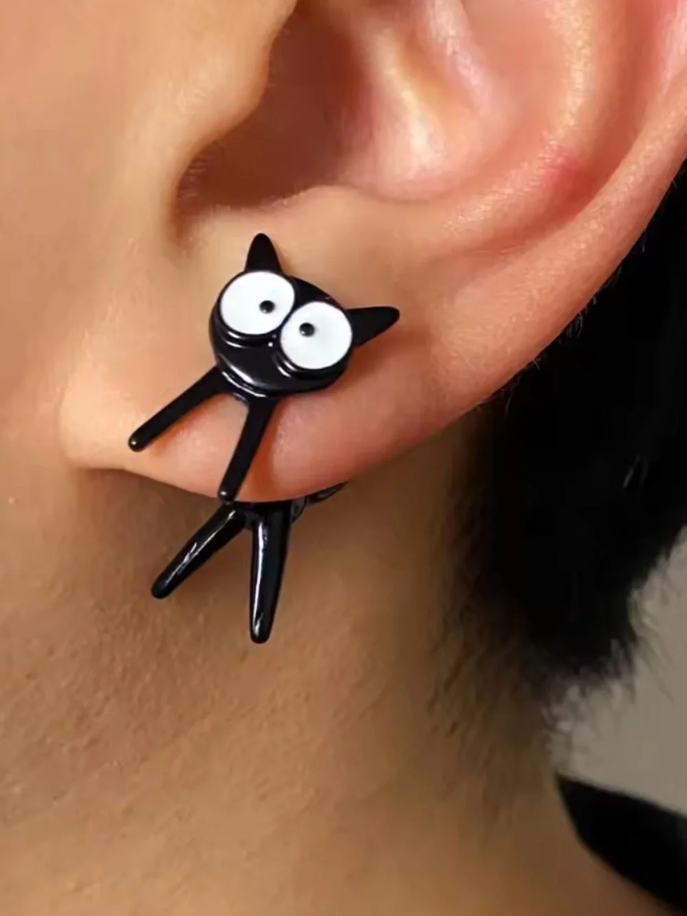Cute Black Cat Stud Earrings with White Eyes - Picture 7 of 8